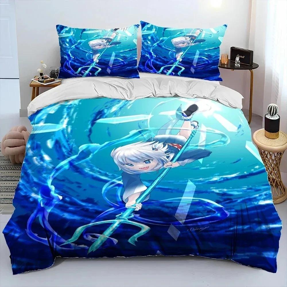 Cute Gawr Gura Hololive Anime Shark Comforter Bedding CollectionDuvet Cover Bed Collection Quilt Cover PillowcaseKing Queen Size Bedding Collection