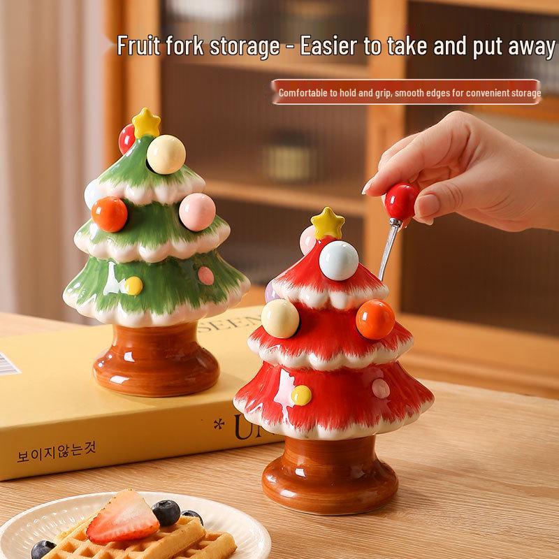 Festive Ceramic Christmas Tree Fruit Fork Set for Kids and Home Décor