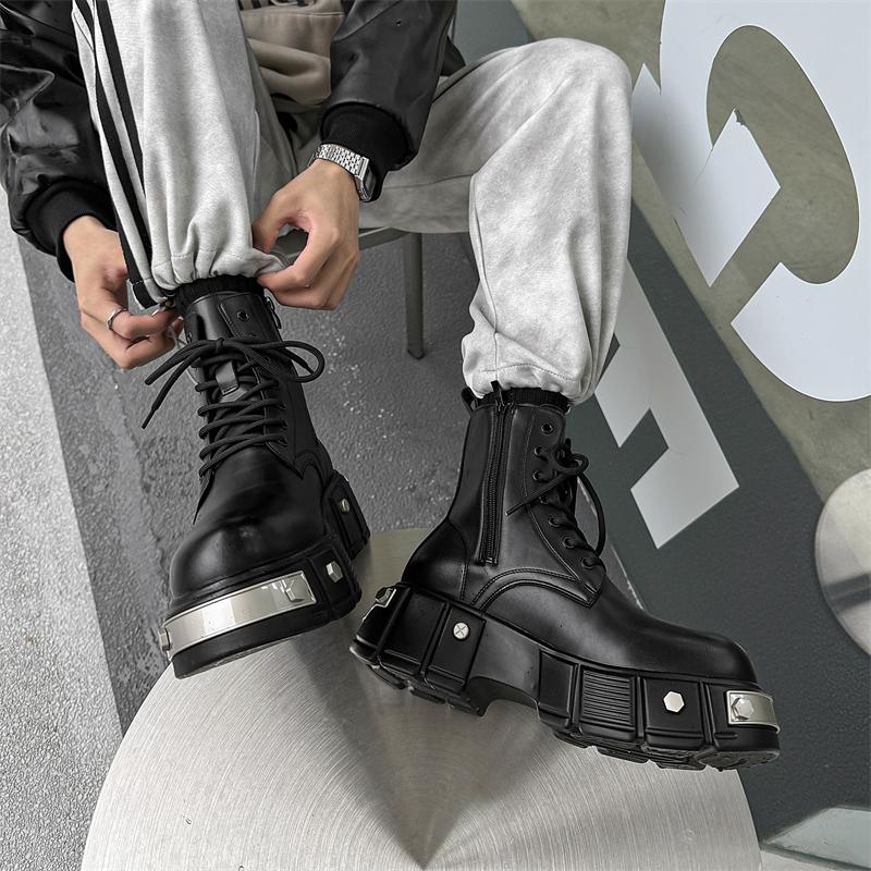 2025 Men's Motorcycle Boots Handmade Leather Lace-Up Platform Shoes Retro Street Style Comfy All-match Ankle Boots