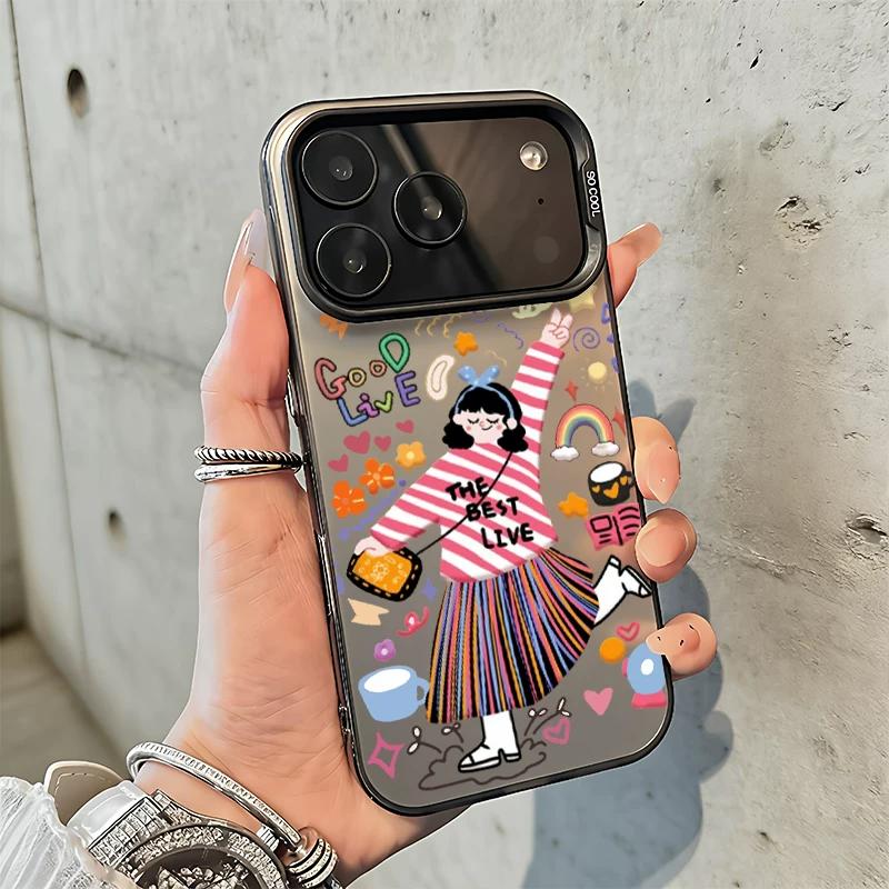 Cute Cartoon Girl Phone Case, Colorful Graffiti Art Mirror Surface Cover, Shockproof Protective Case