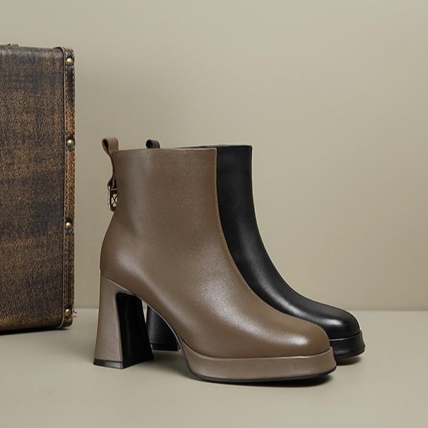 Square Toe Chunky High Heel Women's Boots - Genuine Leather Platform Ankle Boots for Spring & Autumn