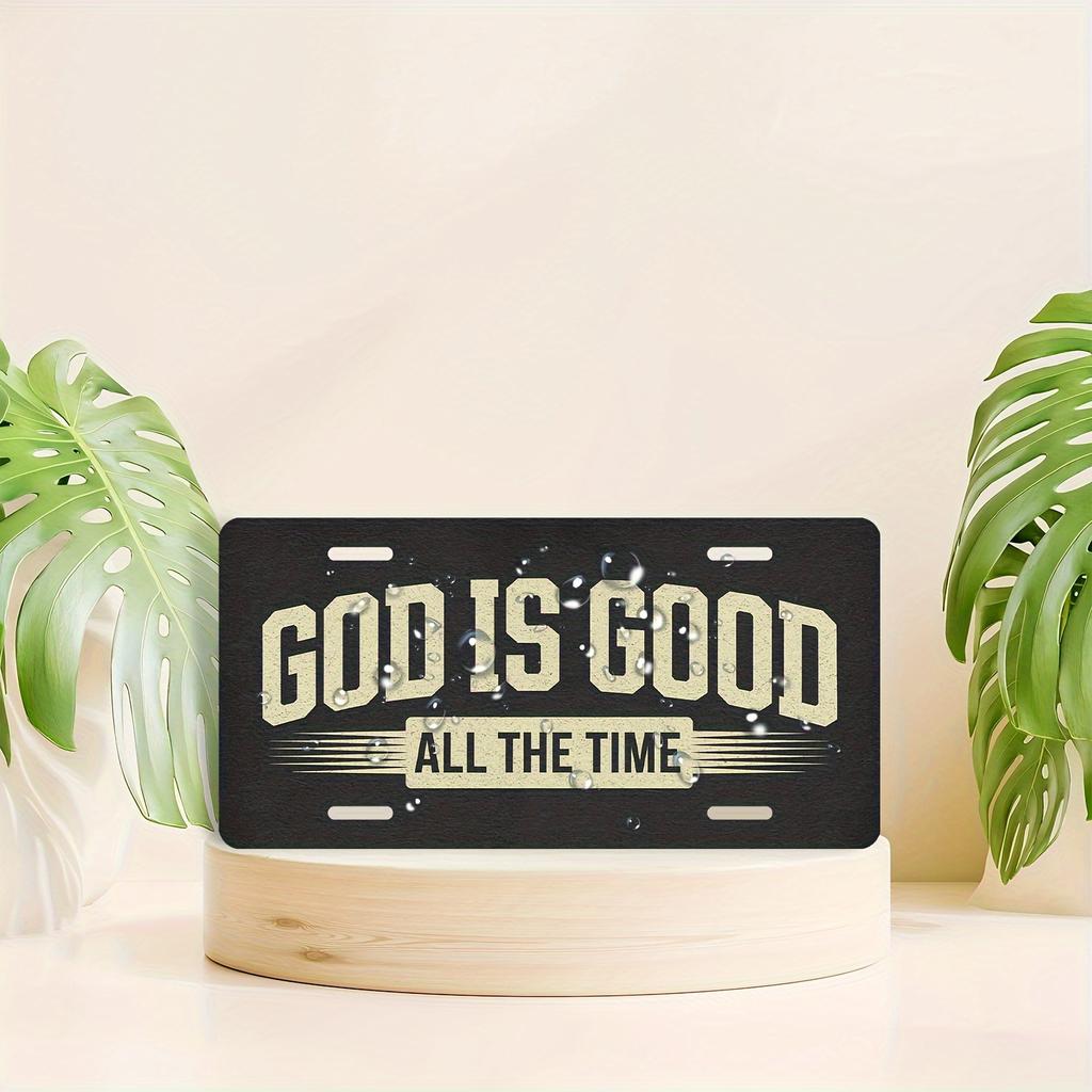 D Flat God Is Good License Plate Frame for Decoration Black Background with Golden Letters Suitable for Men and Women