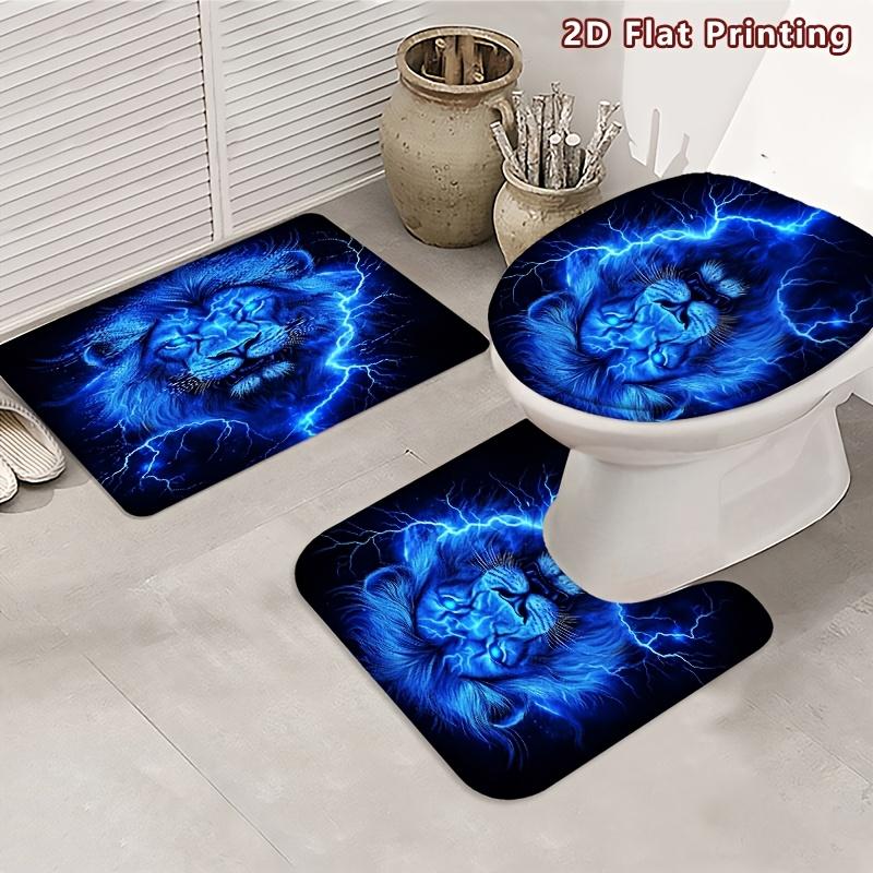 4Pcs Mystic Blue Lion Shower Curtain Set with Non-Slip Bath Mat, Toilet Lid Cover, Contour Rug & 12 Hooks, Bathroom Decor