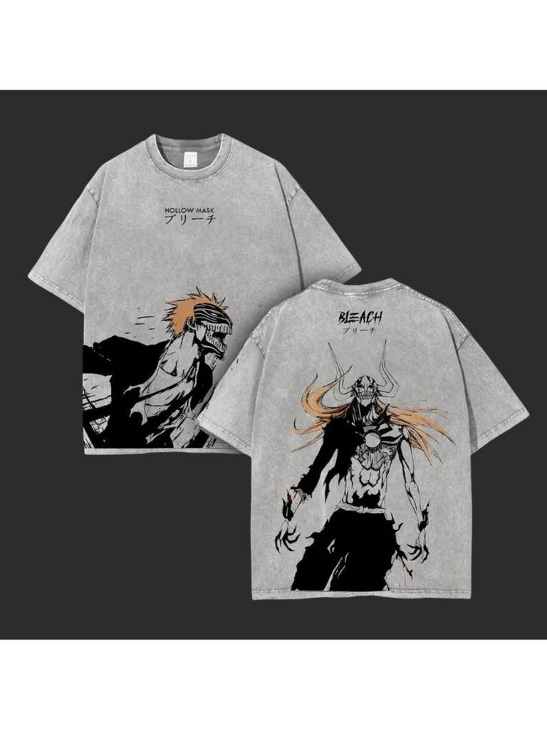 Camiseta de Algodón Lavada Retro Suelta de Manga Corta Anime BLEACH para Hombres y Mujeres