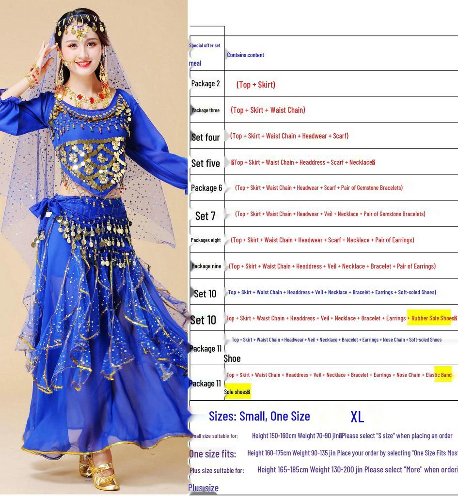 Women's Long Sleeve Indian Belly Dance Performance Costume with Short Sleeve Long Skirt