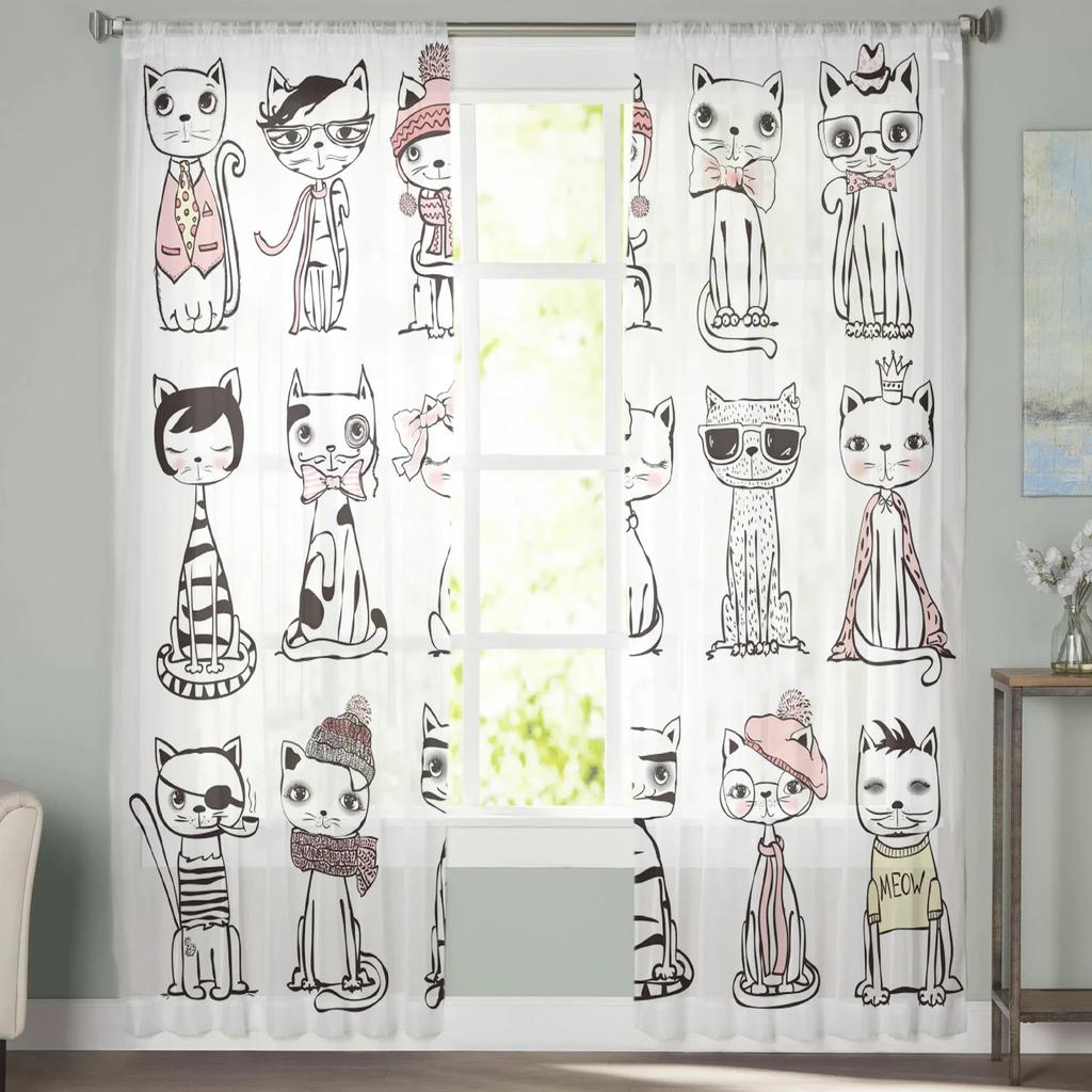 Modern Cartoon Cat Kitty Tulle Curtains Living Room Bedroom Kitchen Decoration Kawaii Animal Pet Chiffon Voile Curtain With Light Filtering Polyester