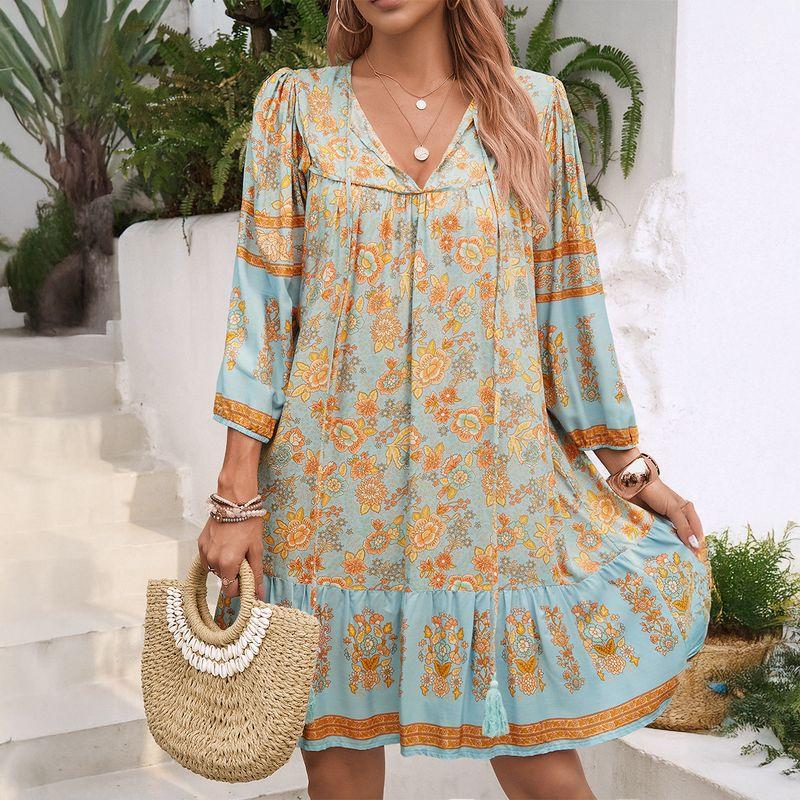 

European and American Cross-Border Foreign Trade Women clothes 2025 Spring Summer Leisure Bohemian Vacation Rayon Printing V-neck Dress Blue XL
