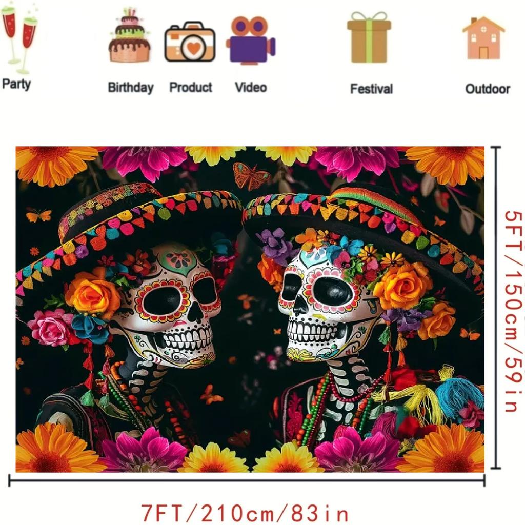 Ghost Festival background - sugar skull photography background - Mexican festival - marigold flower decoration