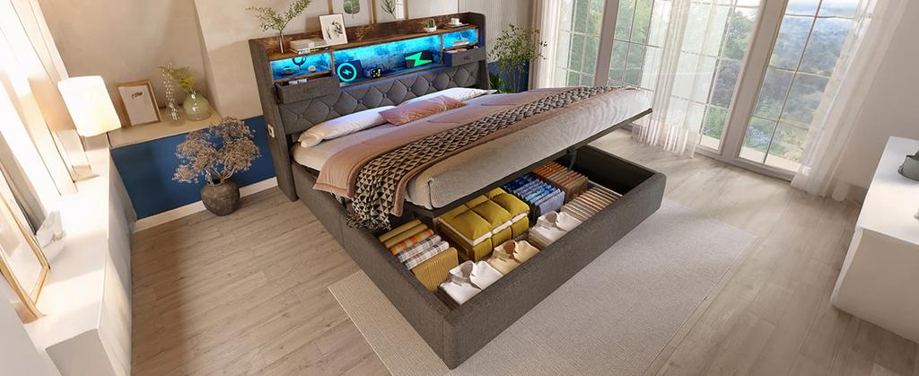 Upholstered Bed 140x200 Cm Hydraulic Storage & LED Headboard, 4 Charging Stations (USB/Type-C), Bed Slatted Base, Grey Linen Fabric (Without Mattress)
