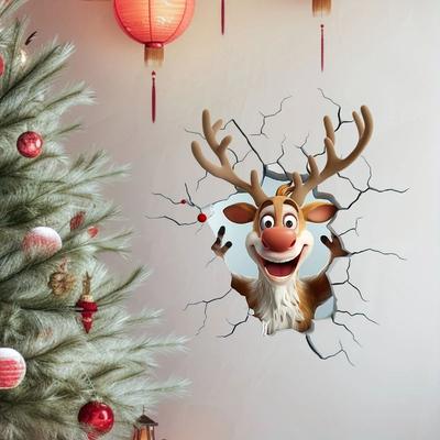 3D Christmas Wall Stickers Cartoon Vinyl Break-Through Wall Decal Removable Santa Claus Holiday Decoration Home Living Spaces