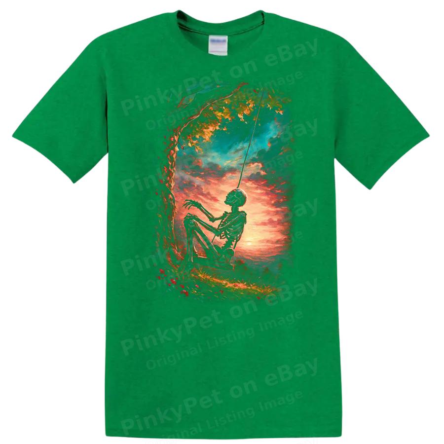 Skeleton on Swing Sunset Scene T Shirt Artistic Nature Tee Cute Gift Idea