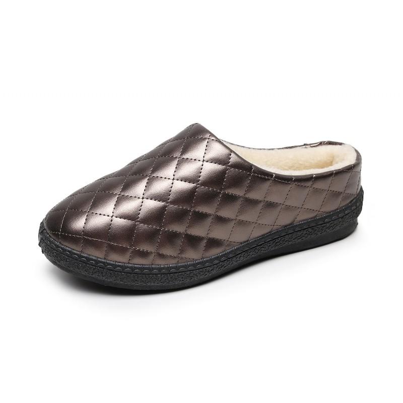 Womens Winter Warm Fleece-Lined Slipper Shoes With Non-Slip Sole Home Indoor Use PU Upper Flat Comfortable Slippers