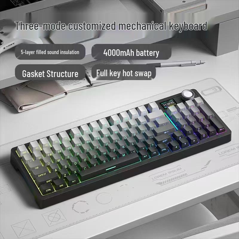 Three Giants SG99 Pro: Three-Mode Bluetooth Mechanical Keyboard with Display, Custom Hot-Swap Keys, Side-Engraved Gradient.