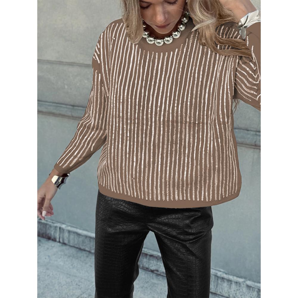 Women's Fashion Sequin Long Sleeved T-Shirt Round Neck Striped Pullover Top