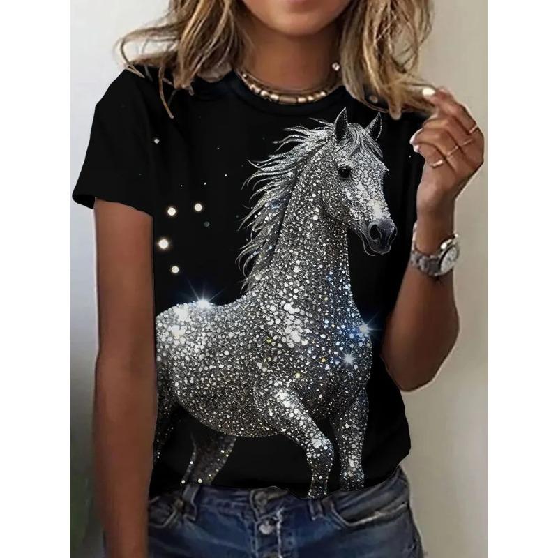 Haut décontracté à manches courtes et col rond avec imprimé animal cheval pour femme