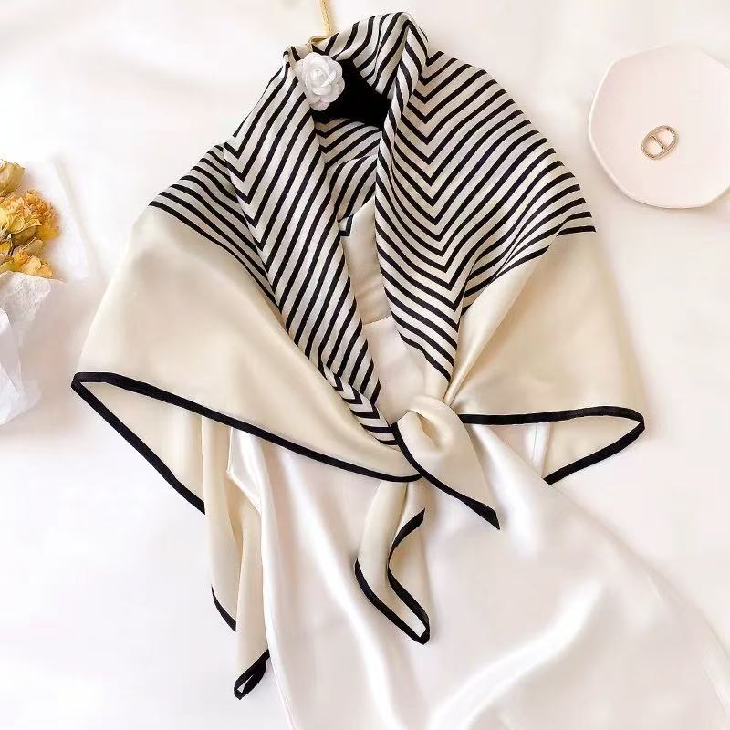 French retro simple and versatile black and white striped silk scarf women s 85 square scarf mulberry silk scarf thin shawl