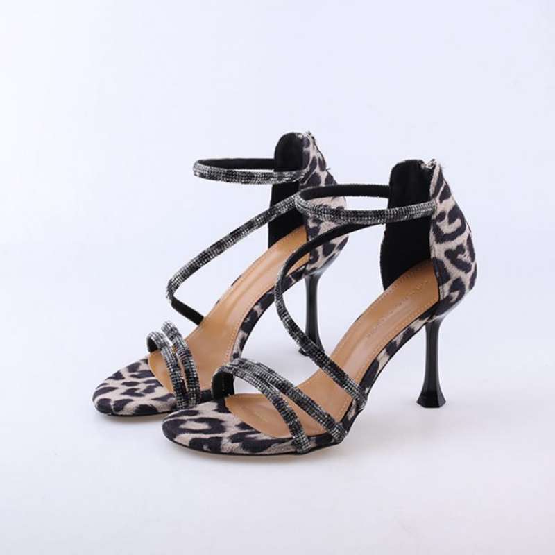 2025 new high-heeled sandals women's summer fashion outer wear leopard print word with rhinestone open-toed Roman sandals women's fine heels