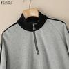ZANZEA Women Casual Stand Collar Splice Long Sleeve Blouse Tops