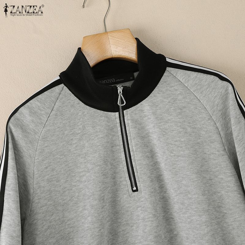 ZANZEA Women Casual Stand Collar Splice Long Sleeve Blouse Tops