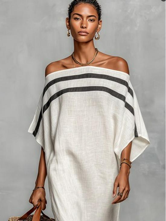 2026 Stand-Up Collar Striped Casual Loose Women's Dress, European & American Style