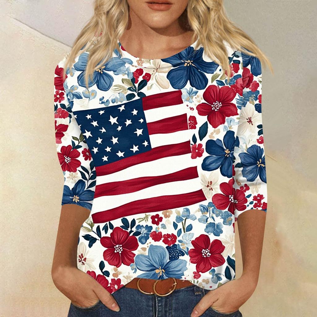 Women's Fashion Casual Round Neck 3/4 Sleeve Loose Printed T-Shirt Ladies Top