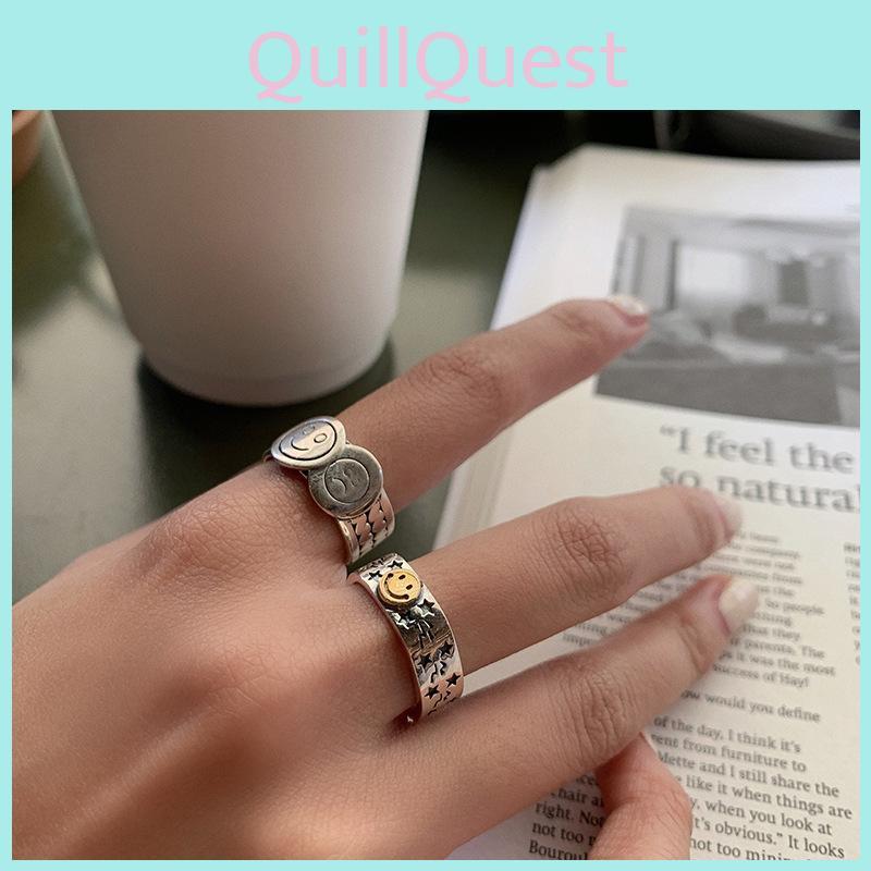 Vintage Smiley Face Sternmuster Gedrehter Streifen Verstellbarer Ring aus 925er Sterlingsilber für trendbewusste Modeliebhaber