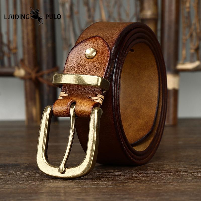 Ceinture en Cuir Véritable Cuir de Vachette Grain Supérieur Lavé Rétro pour Homme avec Boucle en Laiton, Nouvelle Ceinture Tendance Style Coréen