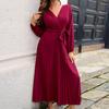 Cross V-neck Lantern Long Sleeve Waist Strap A-Line Autumn Dress Simple Pure Color