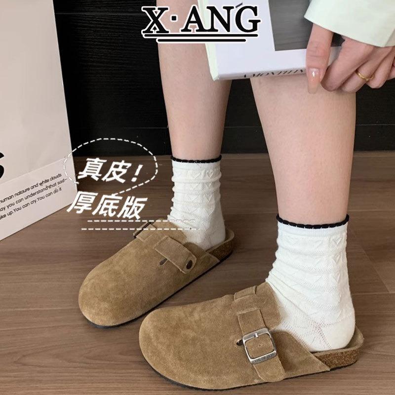 Full Cowhide Cork Bottom Bag Head and Half Slippers Women's Outer Wear Spring and Summer New One-pedal Lazy Shoes