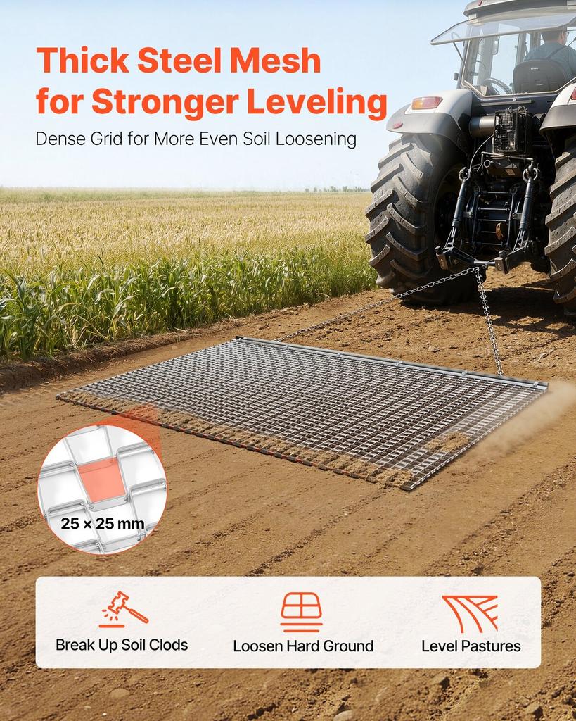 Drag Harrow, 1.8x0.9 M, High-Efficiency Chain Harrow Rake, ATVs UTVs Tractors Attachments, Durable Galvanized Steel Mesh Drag Mat with Towing Chain,