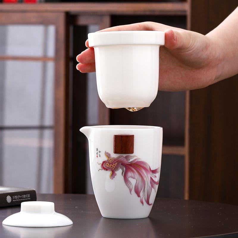 Portable travel teacup tea set small set outdoor one pot three cups ceramic express cup bubble teapot printing Dragon Boat Festival