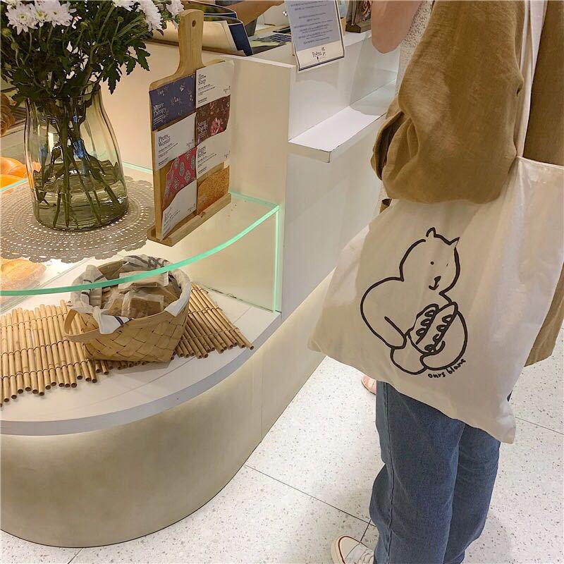 Korean Ins Niche Design Cute Cartoon Fun Pattern Thin Cotton Grey Cloth Bag Canvas Single Shoulder