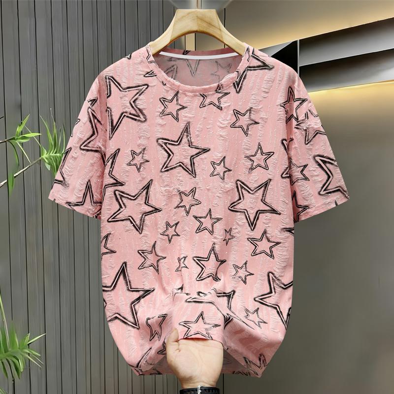 Men's Plus Size Star Print Textured T-Shirt, Casual Loose Short Sleeve Tee (5XL-11XL)