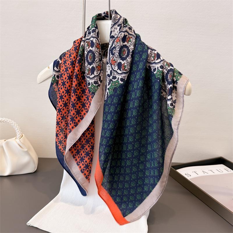 Literary printed cotton linen small checkered scarf imitation velvet scarf retro shawl sun protection women's scarf