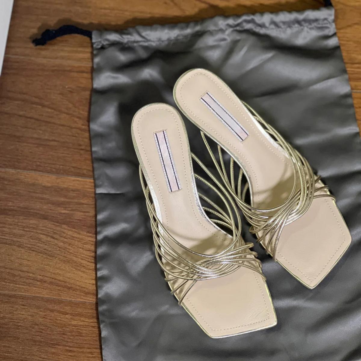 

Soft Leather Version~ French Square Head Crossed Strap High Heel Cool Slippers Femininity Slip Heel Open Toe Roman Sandals Outer Wear 35