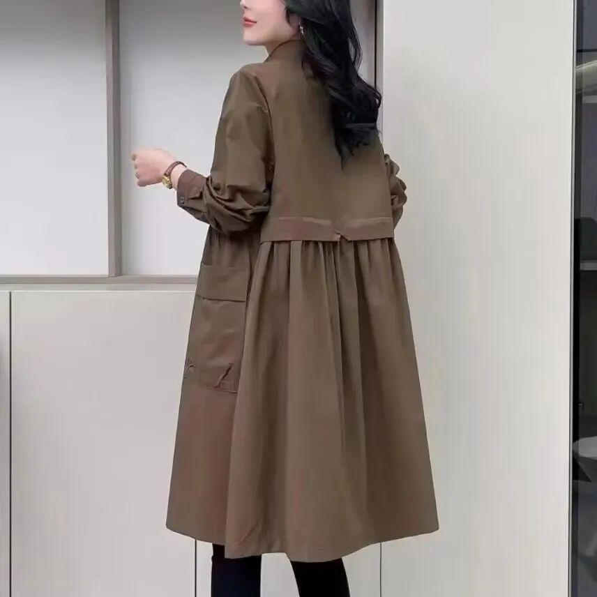 Solid Color Mid-Length Trench Coat - Spring/Autumn Korean Fashion Loose Fit Outerwear