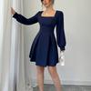 Fashion Loose A-line Mini Dress for Women Autumn Winter Soft Square Neck Bodycon Dress Long Sleeve Office Lady Navy Blue Dresses