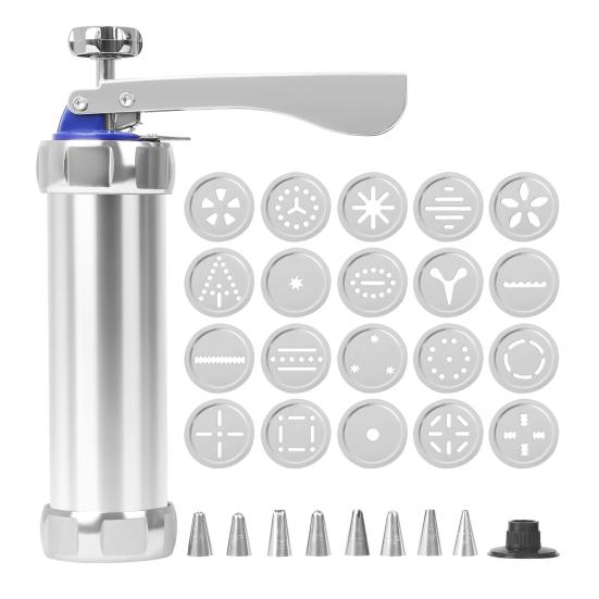 Presă pentru fursecuri din aliaj de aluminiu cu discuri și duze. Mașină de făcut biscuiți cu stoarcere ușoară. Instrument de copt sigur pentru mașina de spălat vase pentru fursecuri, brioșe și produse de patiserie de casă.