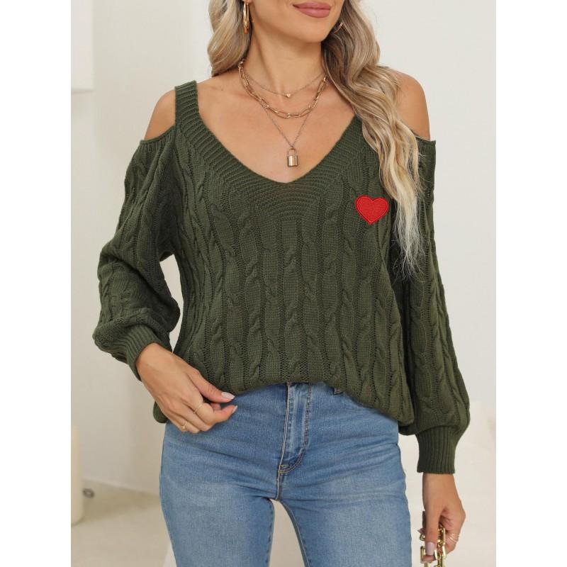 Womens V-Neck Sweater Long Sleeve Loose Fit Woven Winter Sexy Off Shoulder Heart Multi-color Street