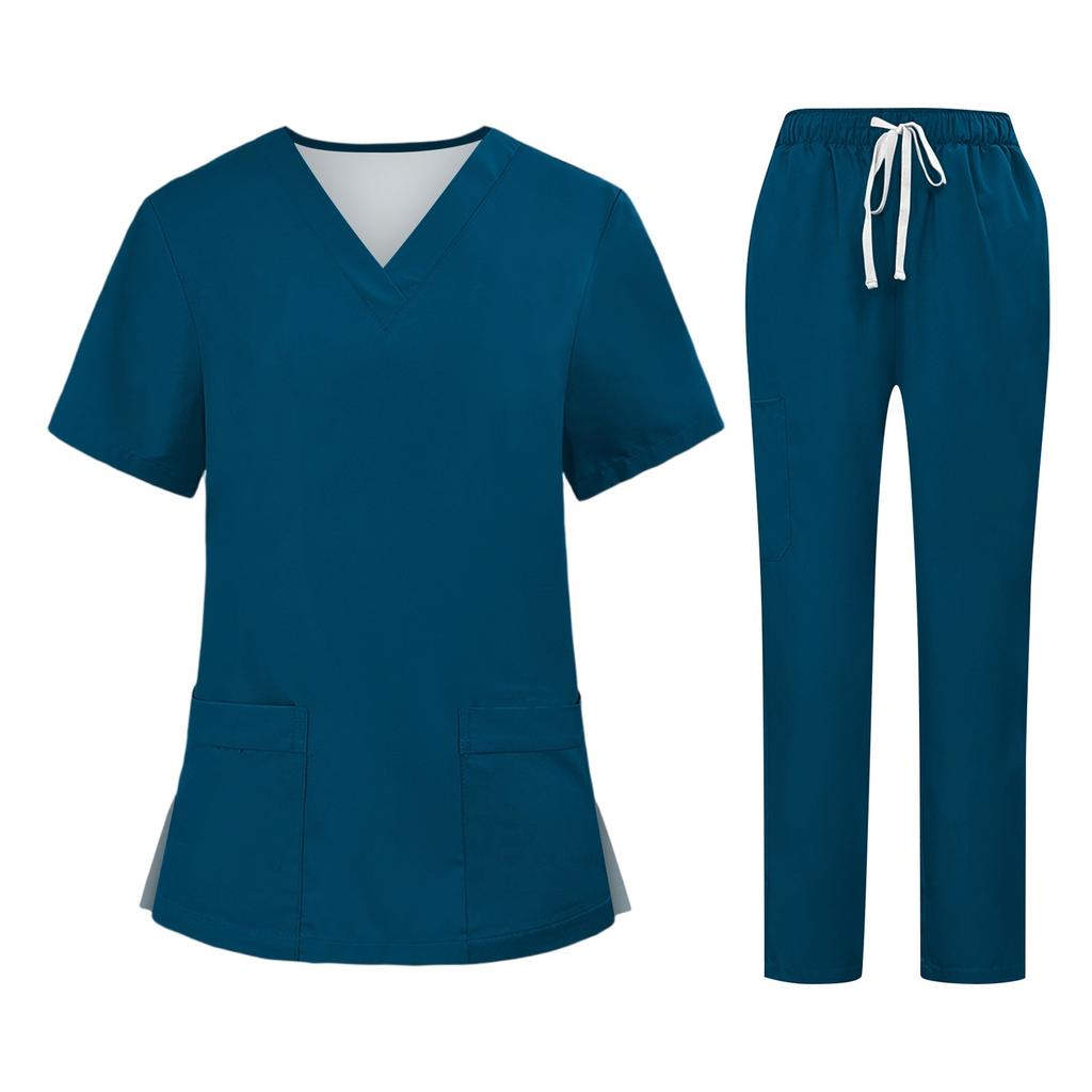 Soild Scrub Arbeitsuniform Anzug für Damen Kreuz V-Ausschnitt Kurzarm Fun T-Shirts Arbeitskleidung T-Shirt mit Taschen