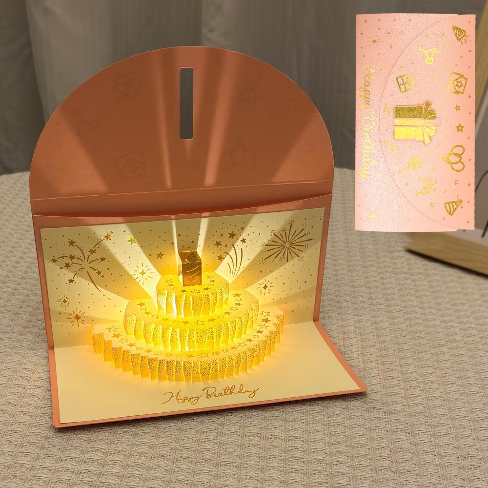 3D Pop-Up Birthday Red Envelope Greeting Card Can Hold 1-20 Cash Foldable Musical Light Greeting Card Gold Gold-stamped Cover