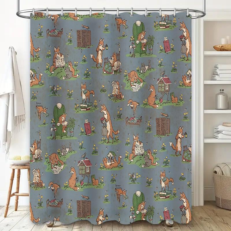 Bathroom Shower Curtain Forest Fox Animal Pattern Waterproof Fabric Decor Vintage Rustic Farmhouse Shower Liner
