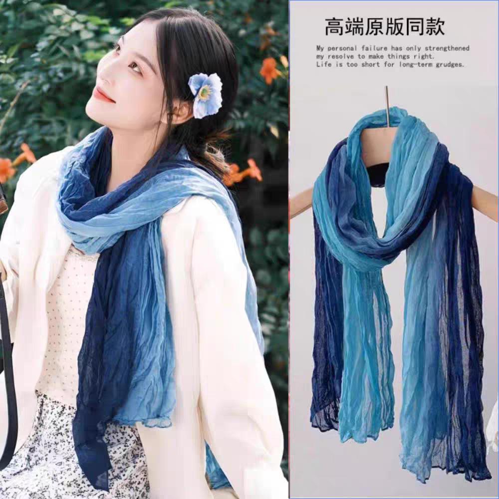 Ethnic Style Silk Scarf Female Wasteland Style Linen Fold Gradual Change Headscarf Desert Concave Shape Spice Girl Scarf Shawl