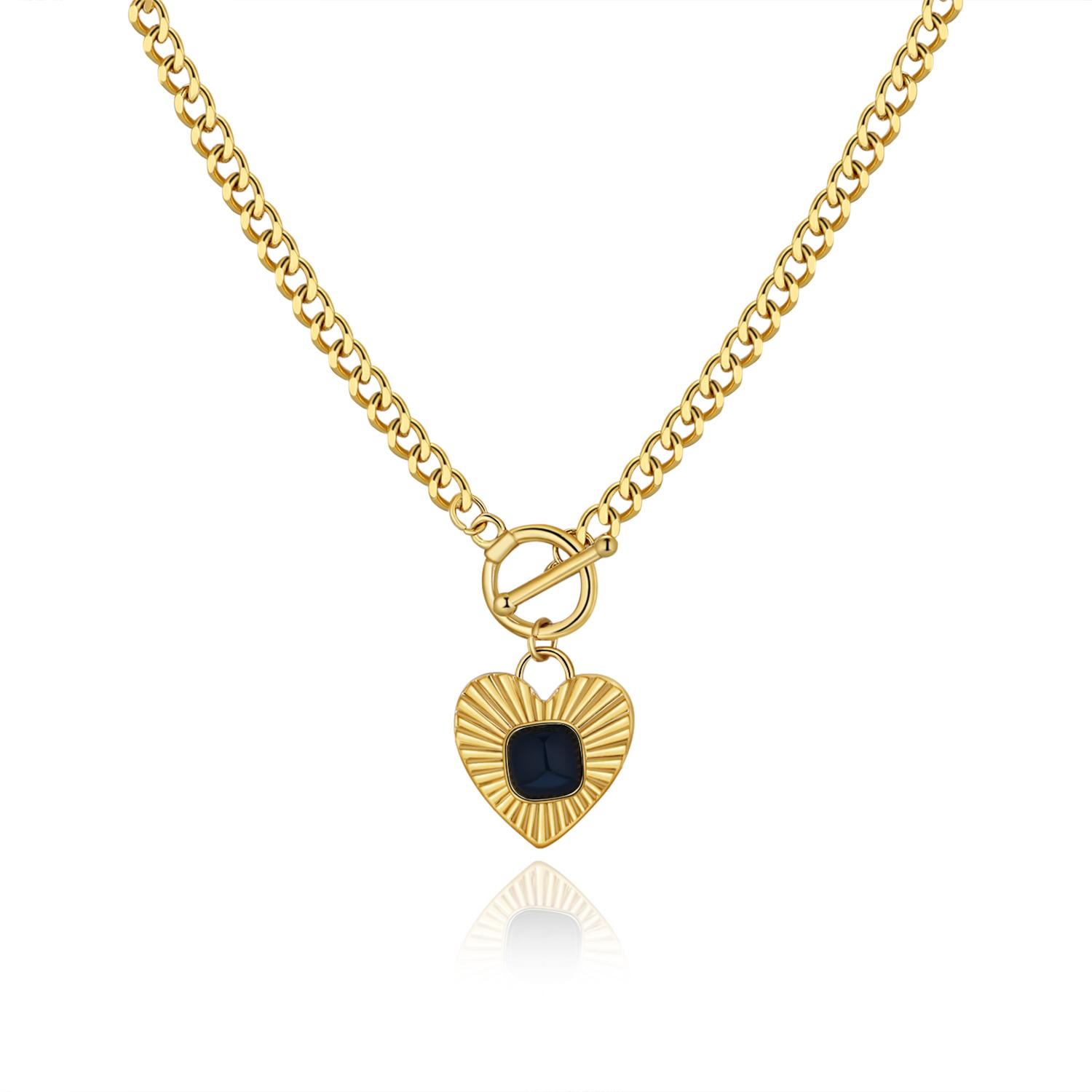 Fine Brass Jewelry Gold Plated Heart Pendant Necklace Black square Cuban Chain Link Necklace for Women золотой