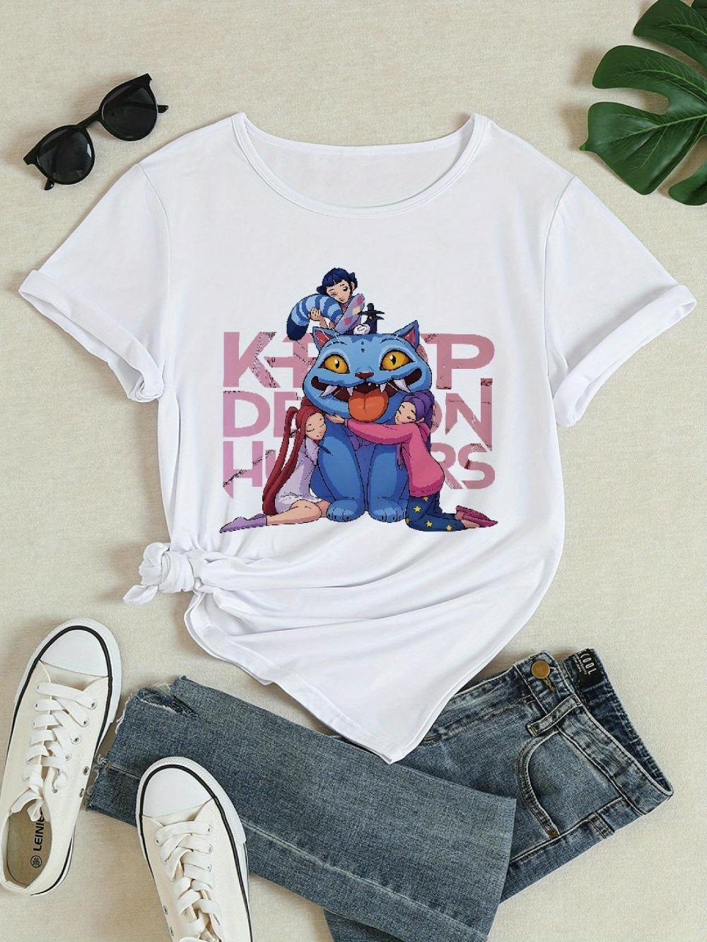 

Women s Graphic T-shirt Cute Blue Cat Kpop Design Short Sleeve Crew Neck Lightweight Polyester Blend Perfect For Spring/summer M