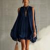 Sleeveless Pleated Short Skirt Women's Loose Pendulum Covering Meat Fungus Edge Pleated A-word Doll Skirt Vacation, Short Dress
