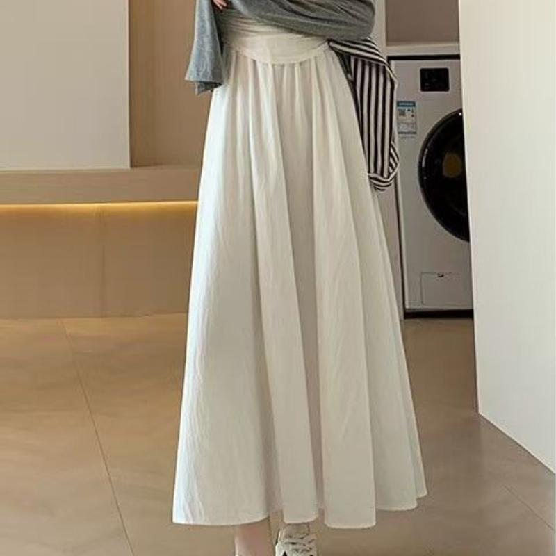 Women's Summer French Style White Half Skirt High-Waisted Elegant Drapey Pleated Skirt Mid-Length A-Line Long Skirt