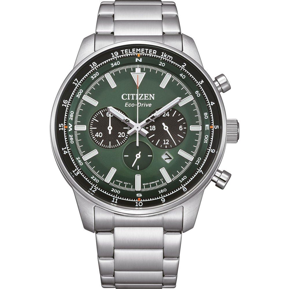 Citizen Stainless Steel Chronograph Green Dial Watch Modern Eco-Drive Men's Ca4500-91X, Silver,
