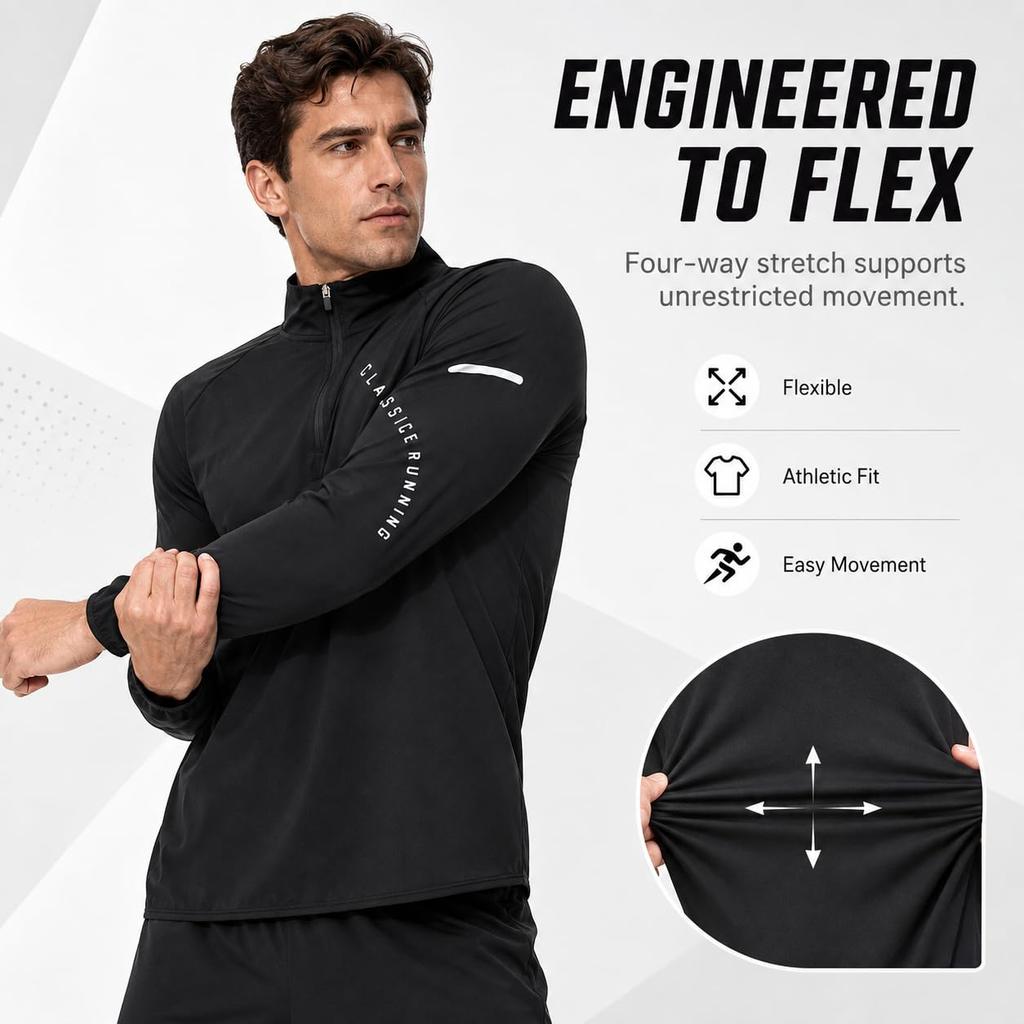 Men's Long Sleeve Quarter-Zip Athletic Shirt, Mock Neck Stretch Running Golf Top for Training and Outdoor Sports