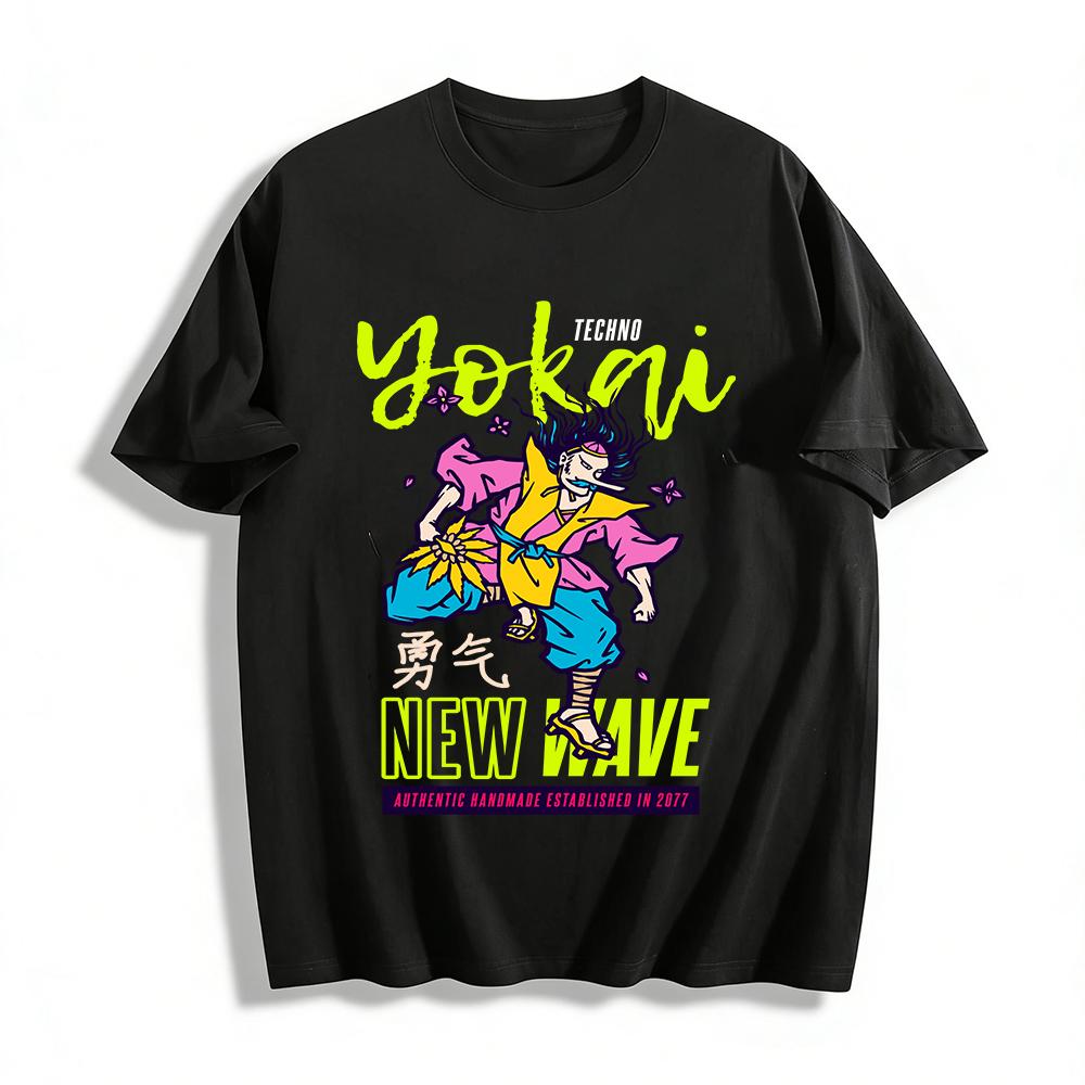 

Yokai Новая волна Смелость Графическая футболка Ретро Уличный стиль Унисекс Топ Хлопковая футболка XXS